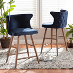 Load image into Gallery viewer, Baxton Studio Sagira Modern And Contemporary Transitional Navy Blue Velvet Fabric Upholstered And Walnut Brown Finished Wood 2-Piece Counter Stool Set
