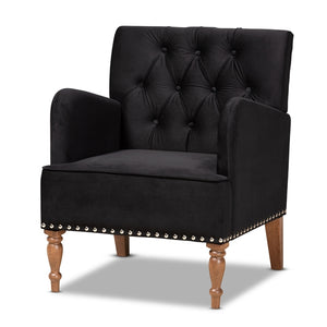 Baxton Studio Eri Contemporary Glam and Luxe Velvet Upholstered and Walnut Brown Finished Wood Armchair