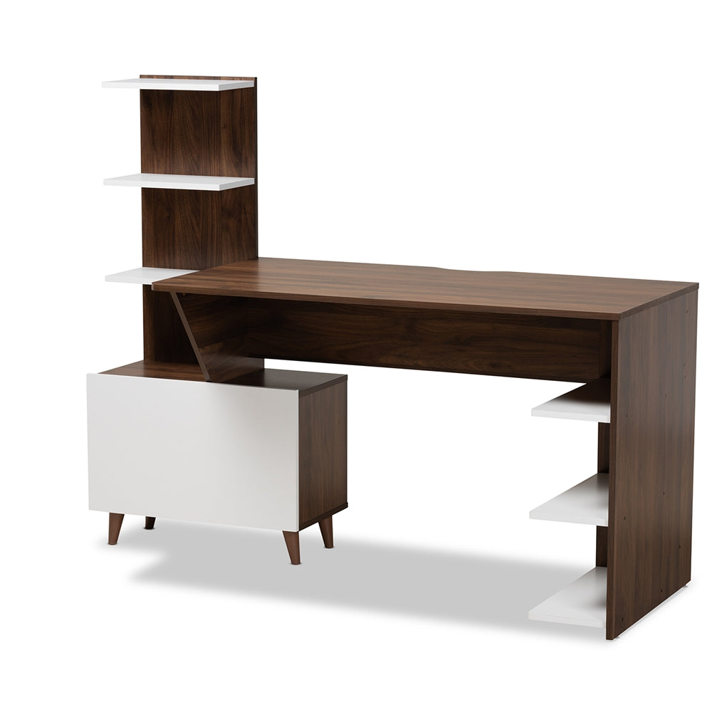 Baxton Studio Tobias Mid-Century Modern Two-Tone Finished Wood Storage Computer Desk with Shelves