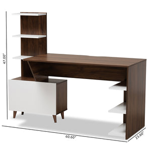 Baxton Studio Tobias Mid-Century Modern Two-Tone White And Walnut Brown Finished Wood Storage Computer Desk With Shelves