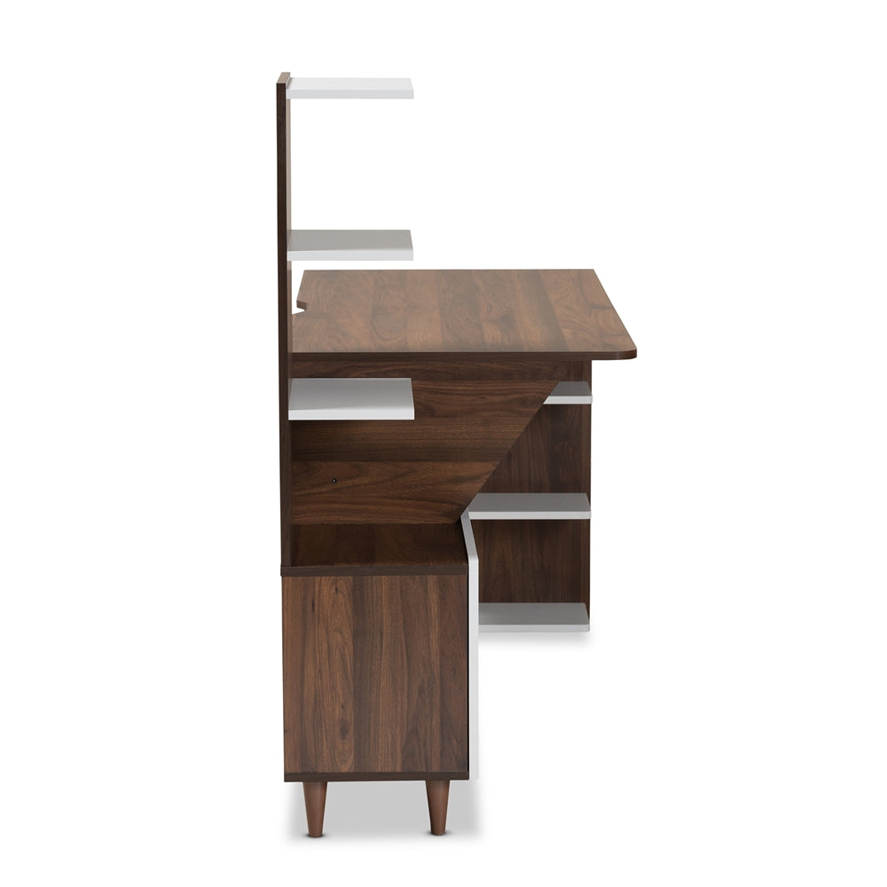 Baxton Studio Tobias Mid-Century Modern Two-Tone White And Walnut Brown Finished Wood Storage Computer Desk With Shelves