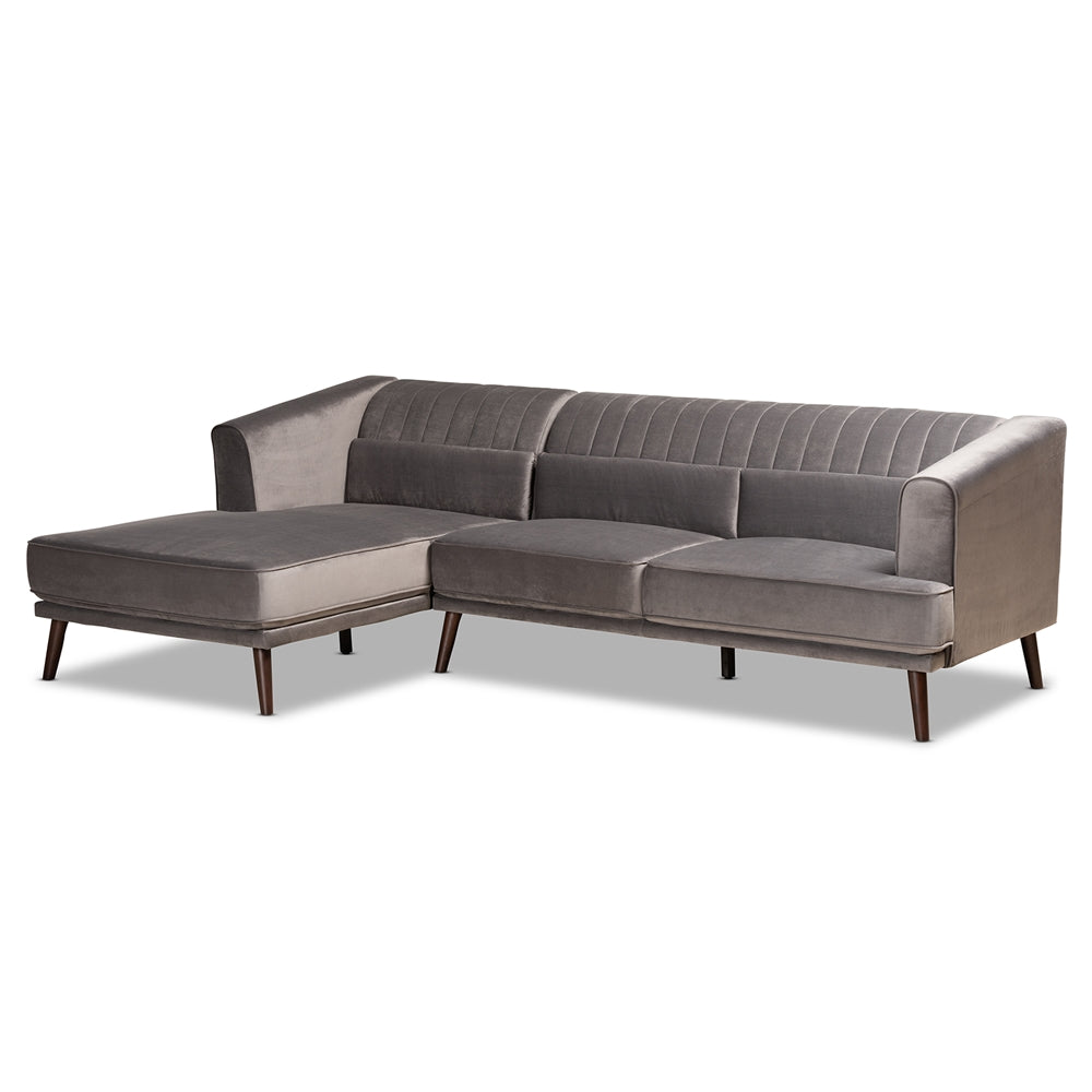 Baxton Studio Morton Mid-Century Modern Contemporary Velvet Fabric Upholstered and Dark Brown Finished Wood Sectional Sofa with Left Facing Chaise