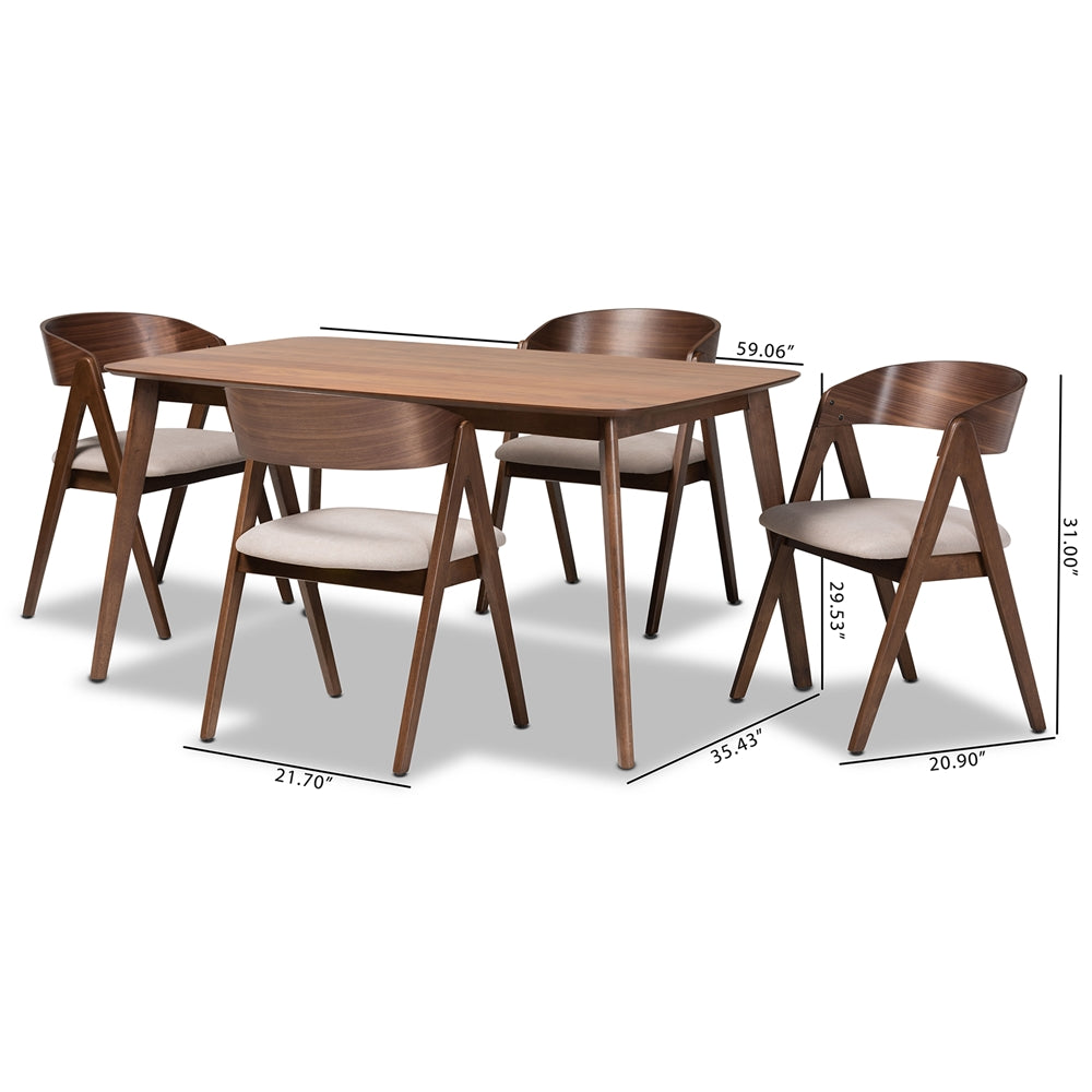 Baxton Studio Danton Mid-Century Modern Beige Fabric Upholstered And Walnut Brown Finished Wood 5-Piece Dining Set