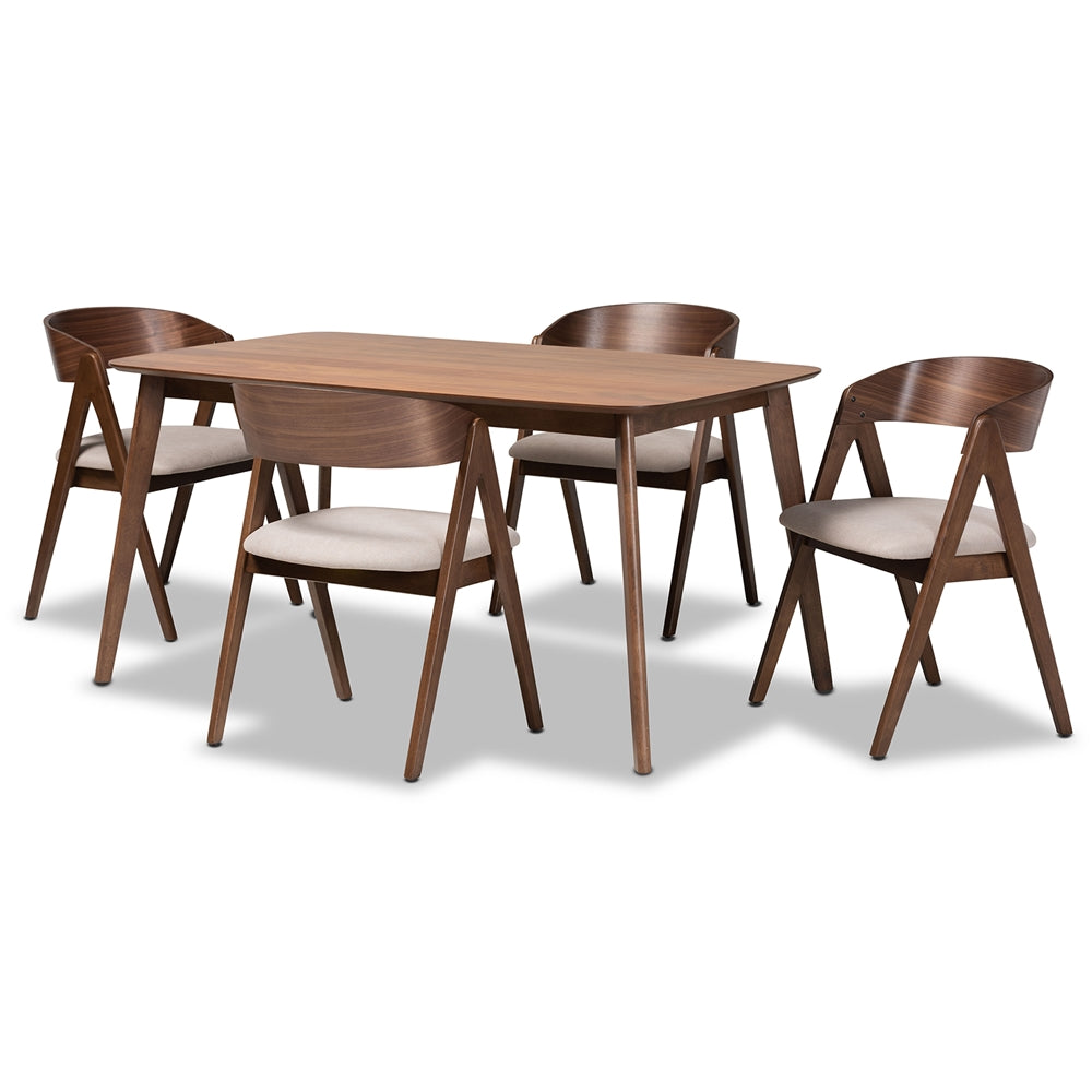 Baxton Studio Danton Mid-Century Modern Beige Fabric Upholstered And Walnut Brown Finished Wood 5-Piece Dining Set