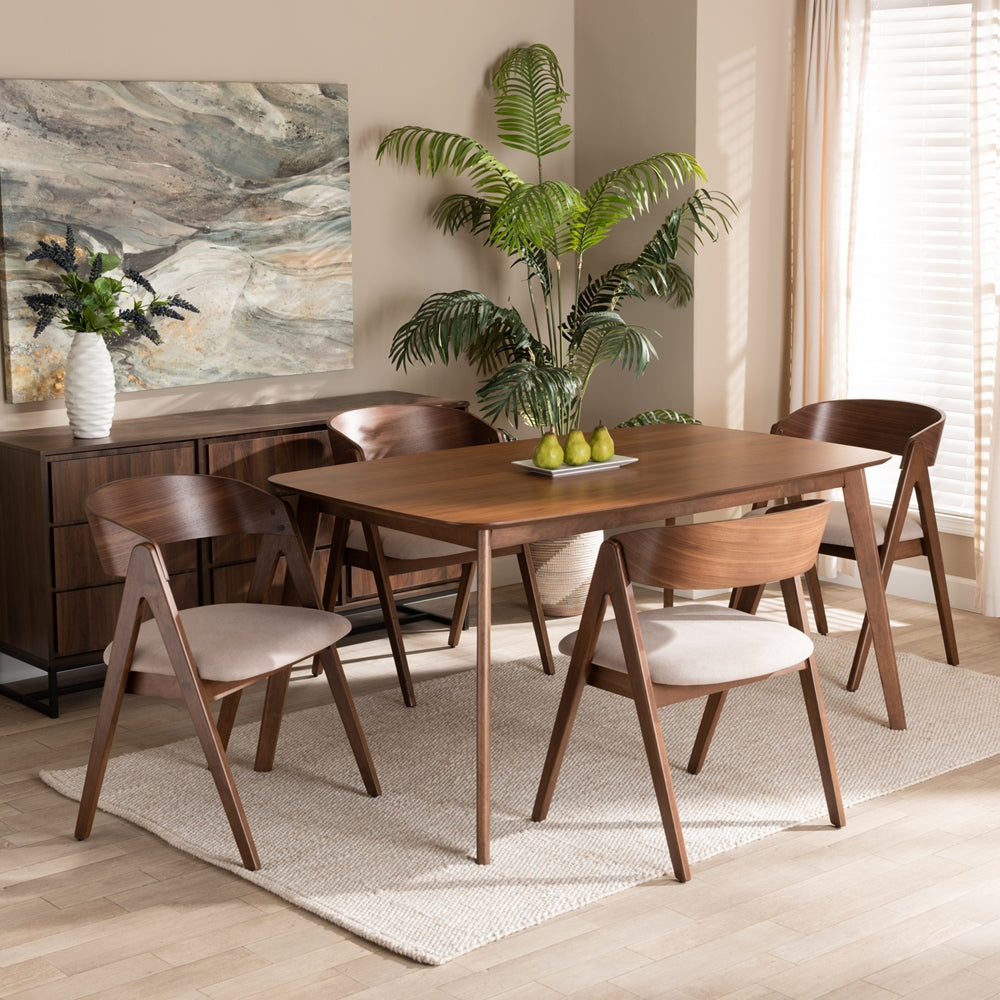 Baxton Studio Danton Mid-Century Modern Beige Fabric Upholstered And Walnut Brown Finished Wood 5-Piece Dining Set