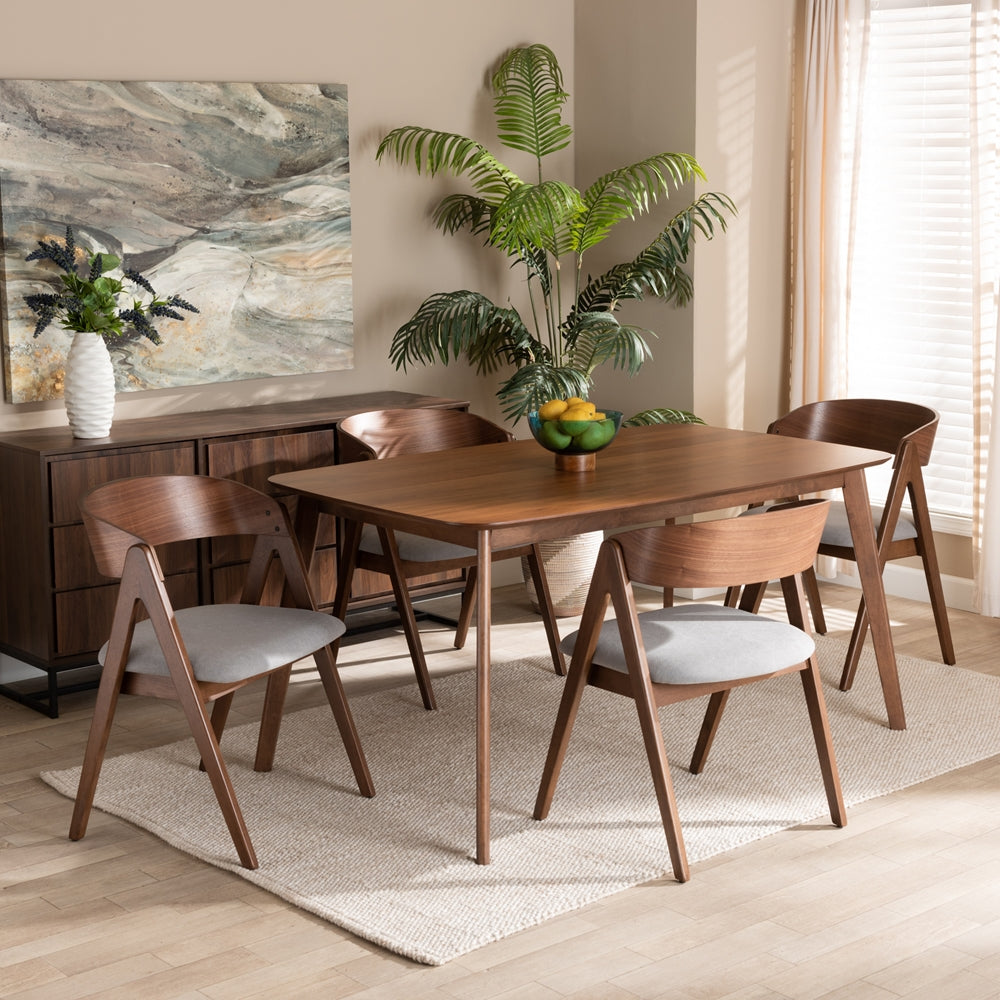 Baxton Studio Danton Mid-Century Modern Grey Fabric Upholstered And Walnut Brown Finished Wood 5-Piece Dining Set