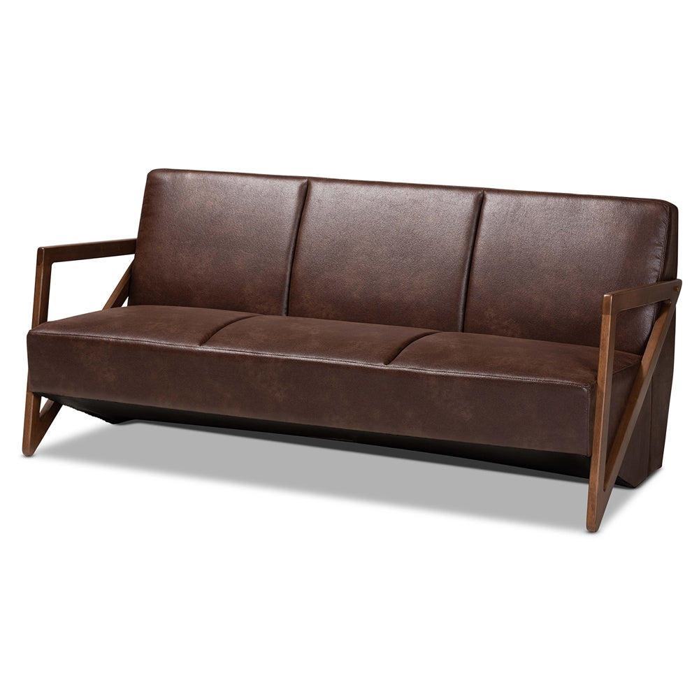 Baxton Studio Christa Mid-Century Modern Transitional Leather Effect Fabric Upholstered and Finished Wood Sofa