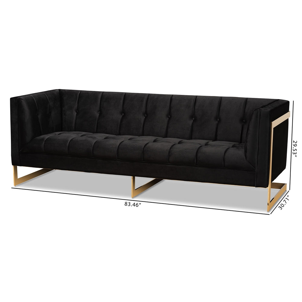 Baxton Studio Ambra Glam And Luxe Black Velvet Upholstered And Button Tufted Sofa With Gold-Tone Frame