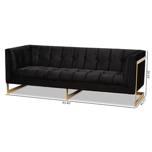 Baxton Studio Ambra Glam And Luxe Black Velvet Upholstered And Button Tufted Sofa With Gold-Tone Frame