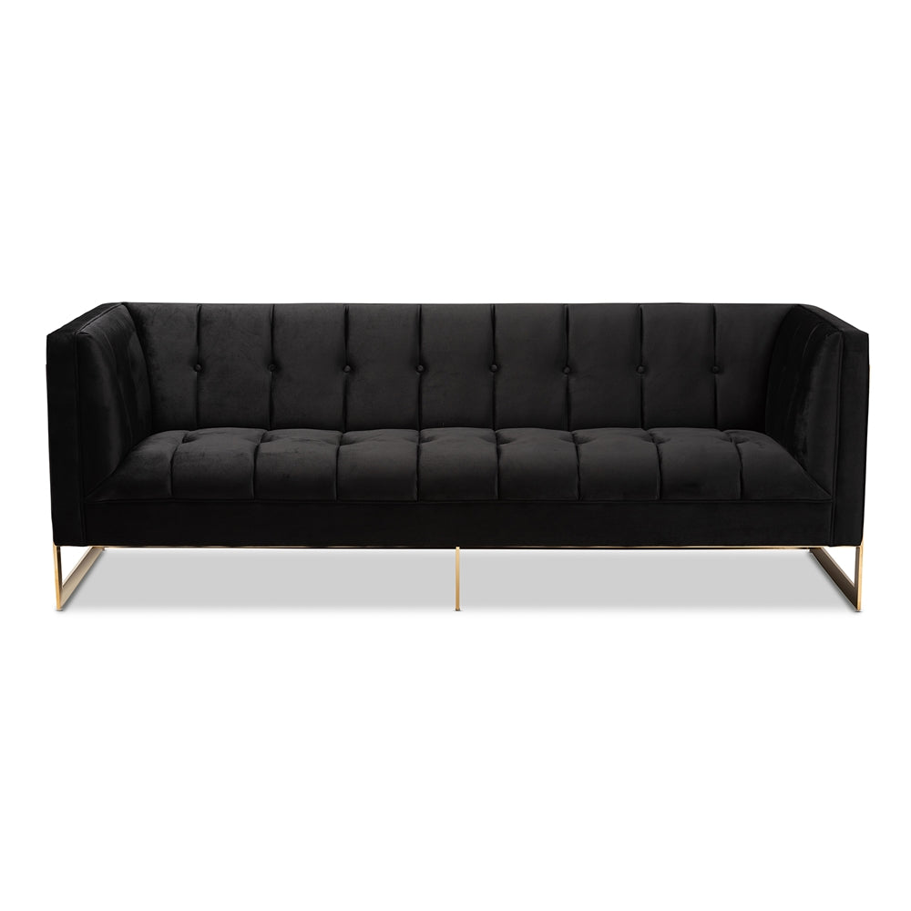 Baxton Studio Ambra Glam And Luxe Black Velvet Upholstered And Button Tufted Sofa With Gold-Tone Frame