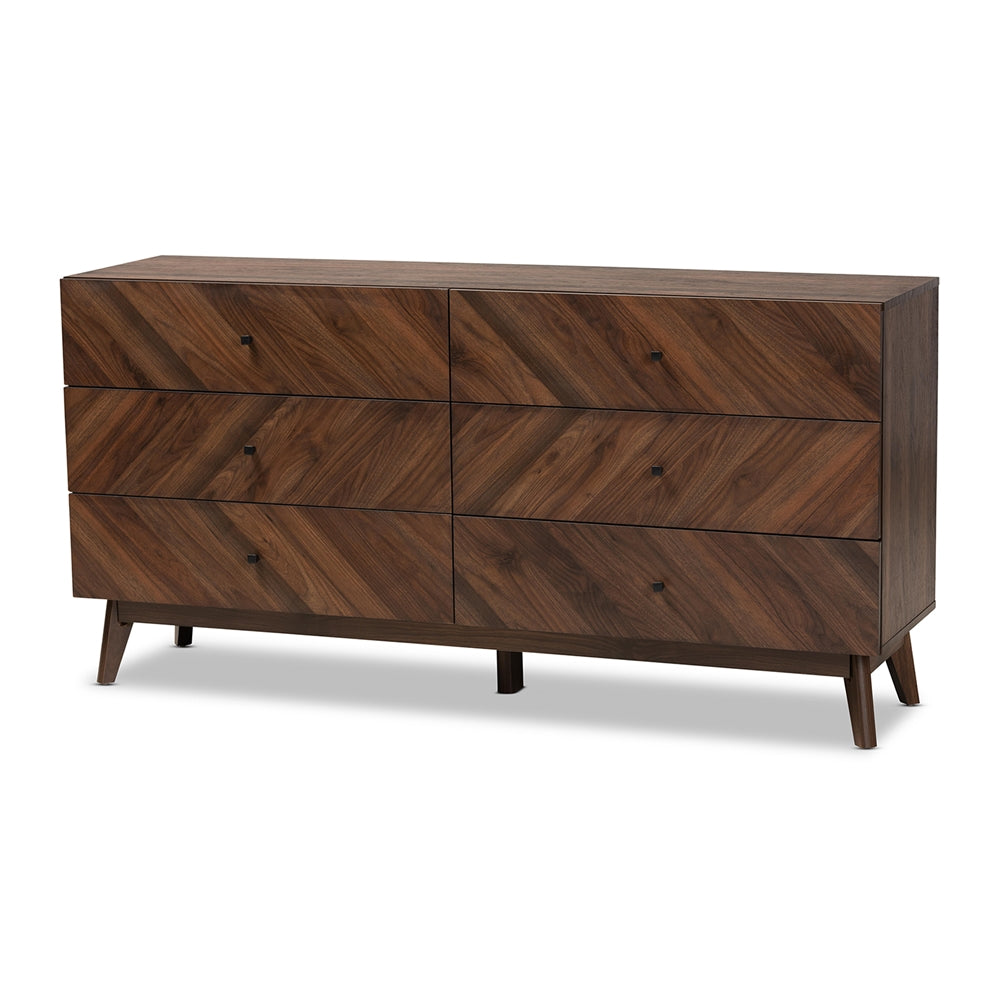 Baxton Studio Hartman Mid-Century Modern Walnut Brown Finished Wood 6-Drawer Dresser