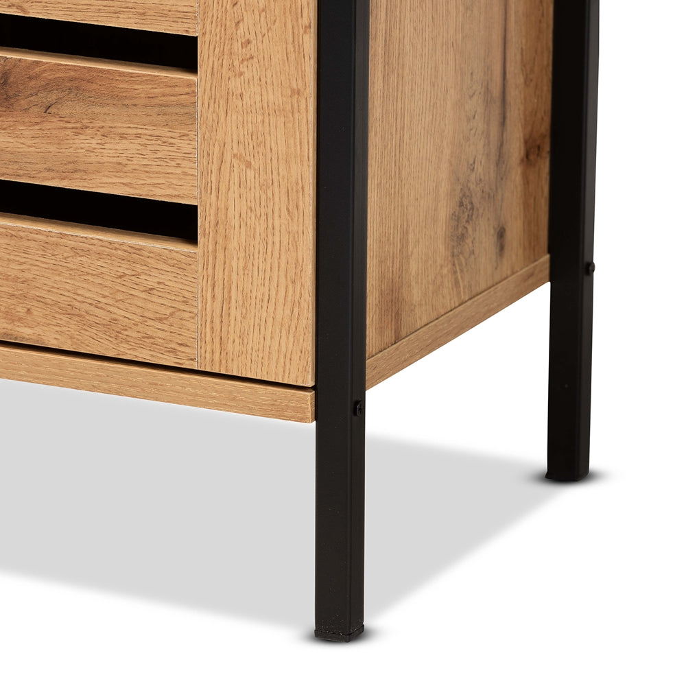 Baxton Studio Vander Modern And Contemporary Oak Brown Finished Wood And Black Metal 2-Door Shoe Cabinet