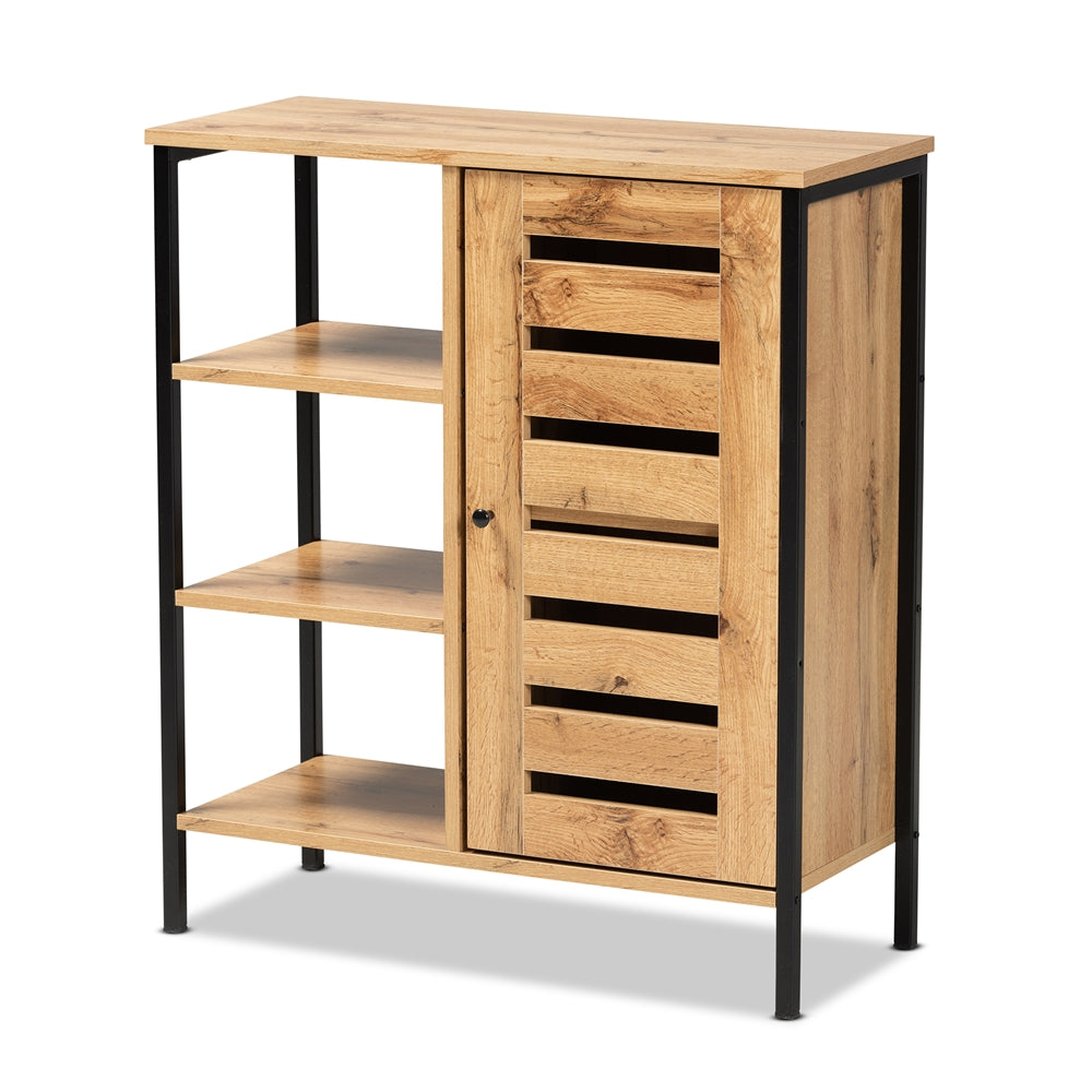 Baxton Studio Vander Modern and Contemporary Finished Wood and Black Finished Metal 1-Door Shoe Storage Cabinet