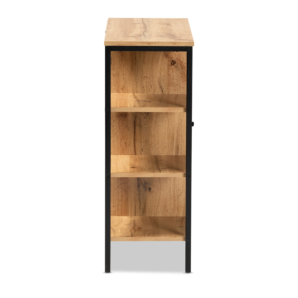 Baxton Studio Vander Modern And Contemporary Oak Brown Finished Wood And Black Finished Metal 1-Door Shoe Storage Cabinet