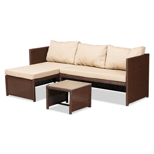 Baxton Studio Carlton Modern and Contemporary Fabric Upholstered and Brown Finished Woven PE Rattan 3-Piece Outdoor Patio Lounge Set