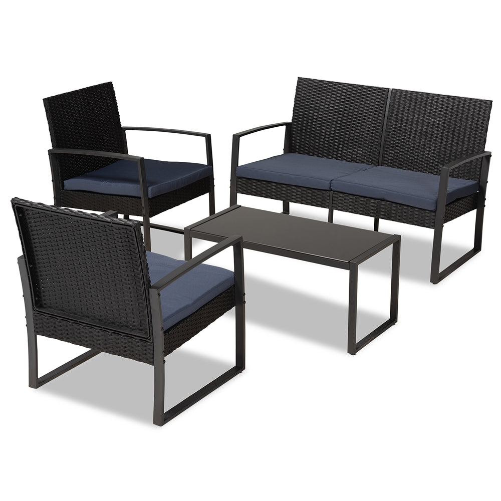 Baxton Studio Greta Modern and Contemporary Fabric Upholstered and Black Finished Metal and Synthetic Rattan 4-Piece Patio Set