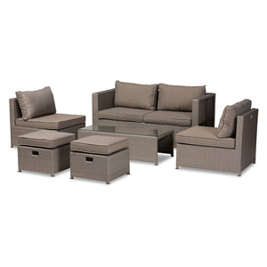 Baxton Studio Haina Modern and Contemporary Fabric Upholstered and Finished Synthetic Rattan 6-Piece Patio Set