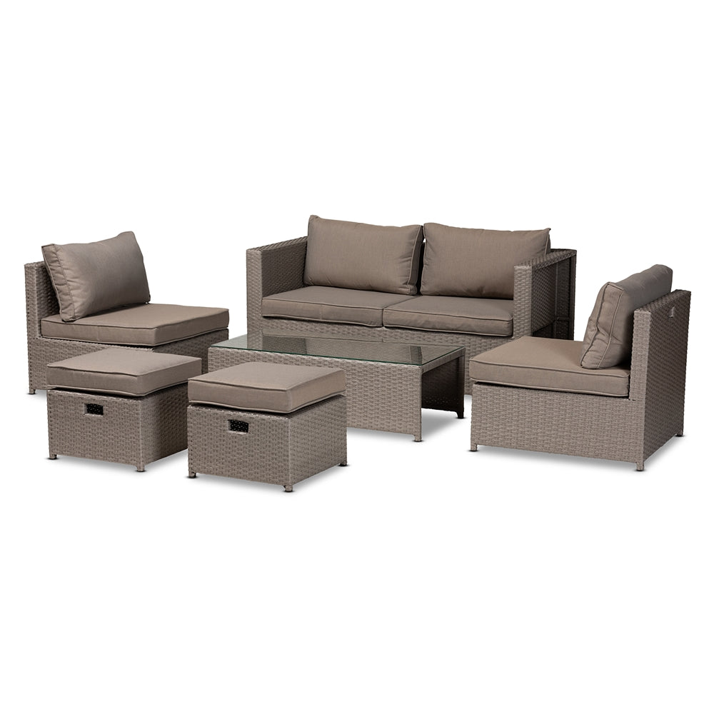 Baxton Studio Haina Modern And Contemporary Grey Fabric Upholstered And Grey Finished Synthetic Rattan 6-Piece Patio Set