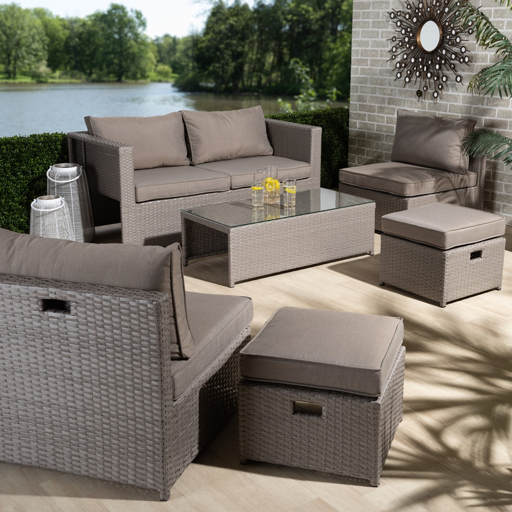 Baxton Studio Haina Modern And Contemporary Grey Fabric Upholstered And Grey Finished Synthetic Rattan 6-Piece Patio Set