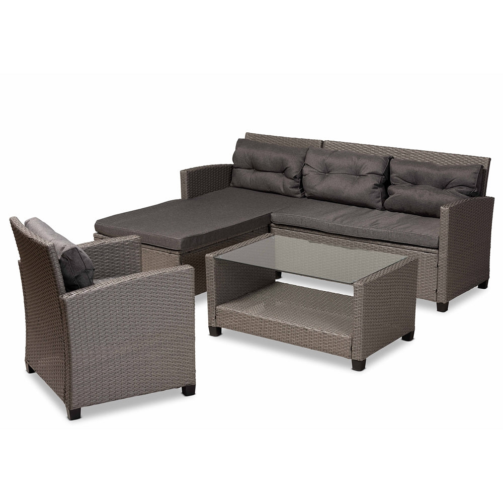 Baxton Studio Darian Modern And Contemporary Grey Fabric Upholstered And Grey Synthetic Rattan 4-Piece Patio Set