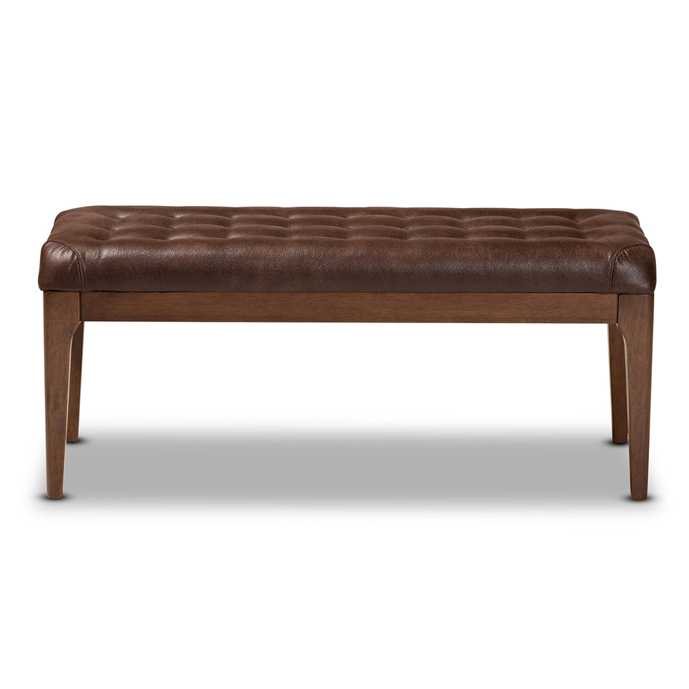 Baxton Studio Walsh Mid-Century Modern Dark Brown Leather-Effect Polyester Fabric Upholstered And Walnut Brown Finished Wood Dining Bench