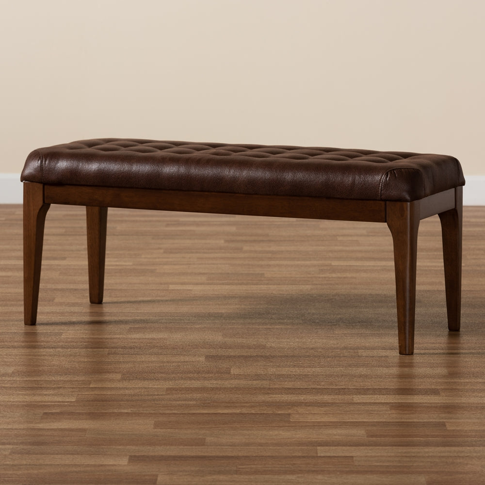 Baxton Studio Walsh Mid-Century Modern Dark Brown Leather-Effect Polyester Fabric Upholstered And Walnut Brown Finished Wood Dining Bench