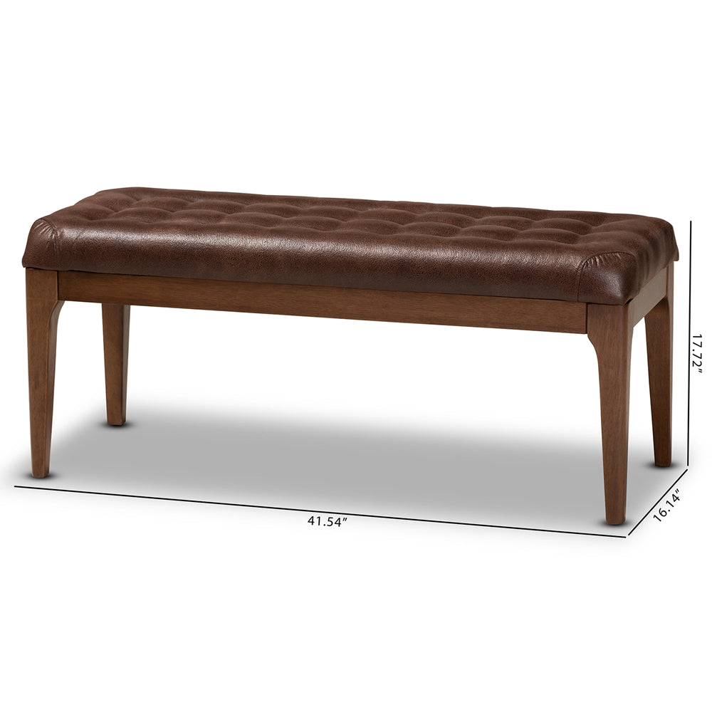 Baxton Studio Walsh Mid-Century Modern Dark Brown Leather-Effect Polyester Fabric Upholstered And Walnut Brown Finished Wood Dining Bench