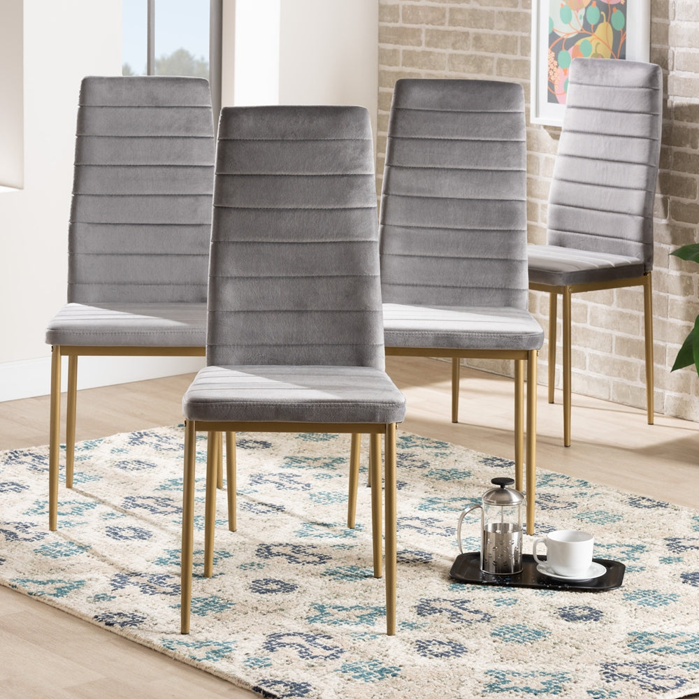 Baxton Studio Armand Modern Glam And Luxe Grey Velvet Fabric Upholstered And Gold Finished Metal 4-Piece Dining Chair Set