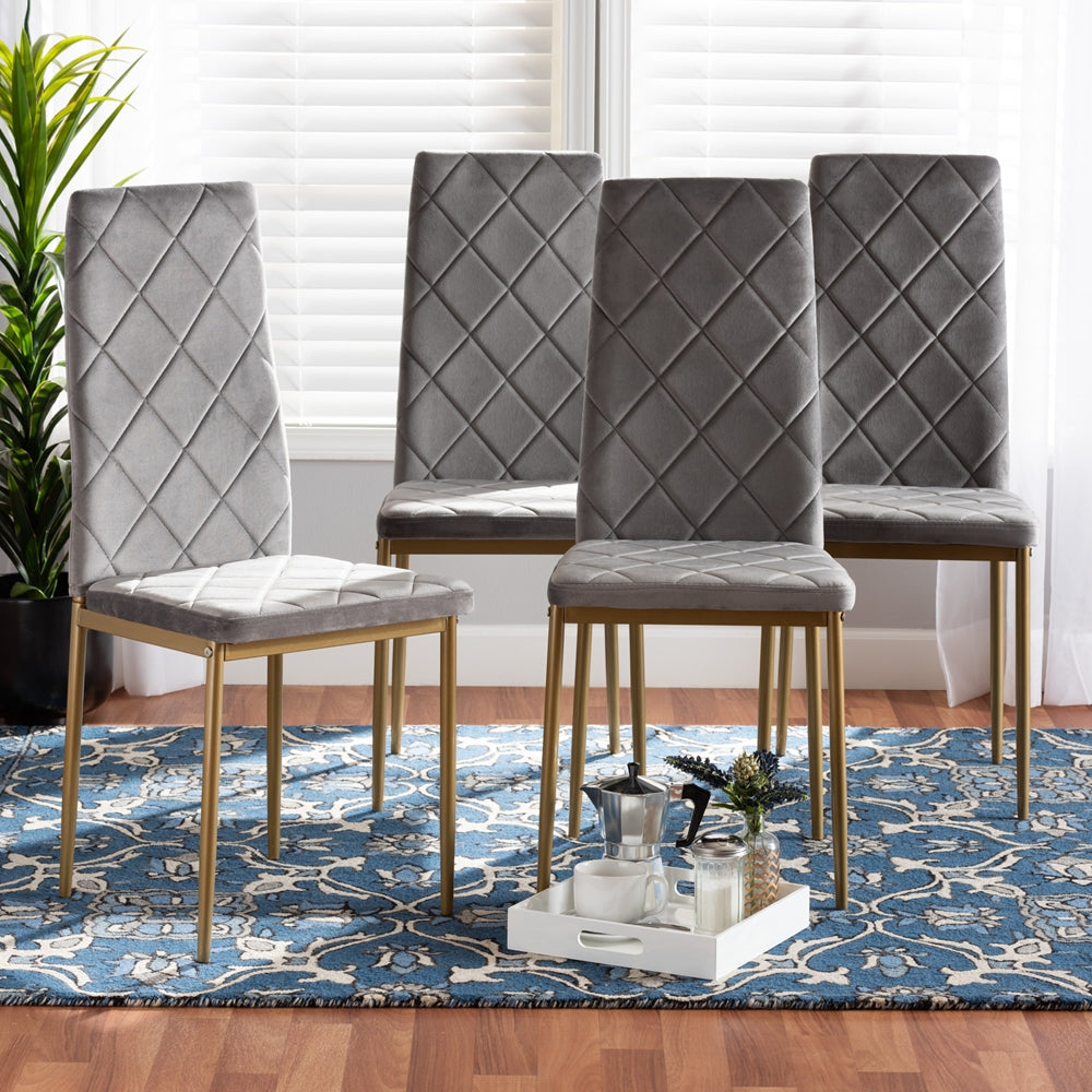 Baxton Studio Blaise Modern Luxe And Glam Grey Velvet Fabric Upholstered And Gold Finished Metal 4-Piece Dining Chair Set