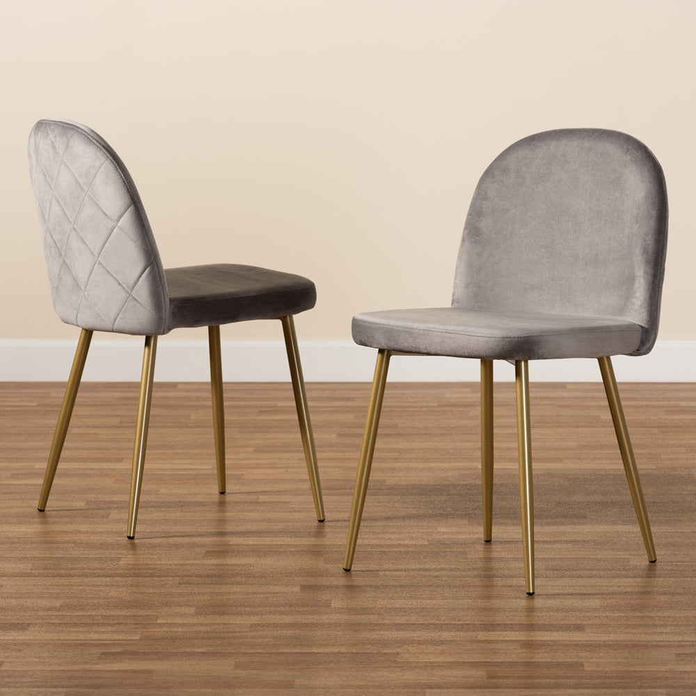 Baxton Studio Fantine Modern Luxe And Glam Grey Velvet Fabric Upholstered And Gold Finished Metal 2-Piece Dining Chair Set