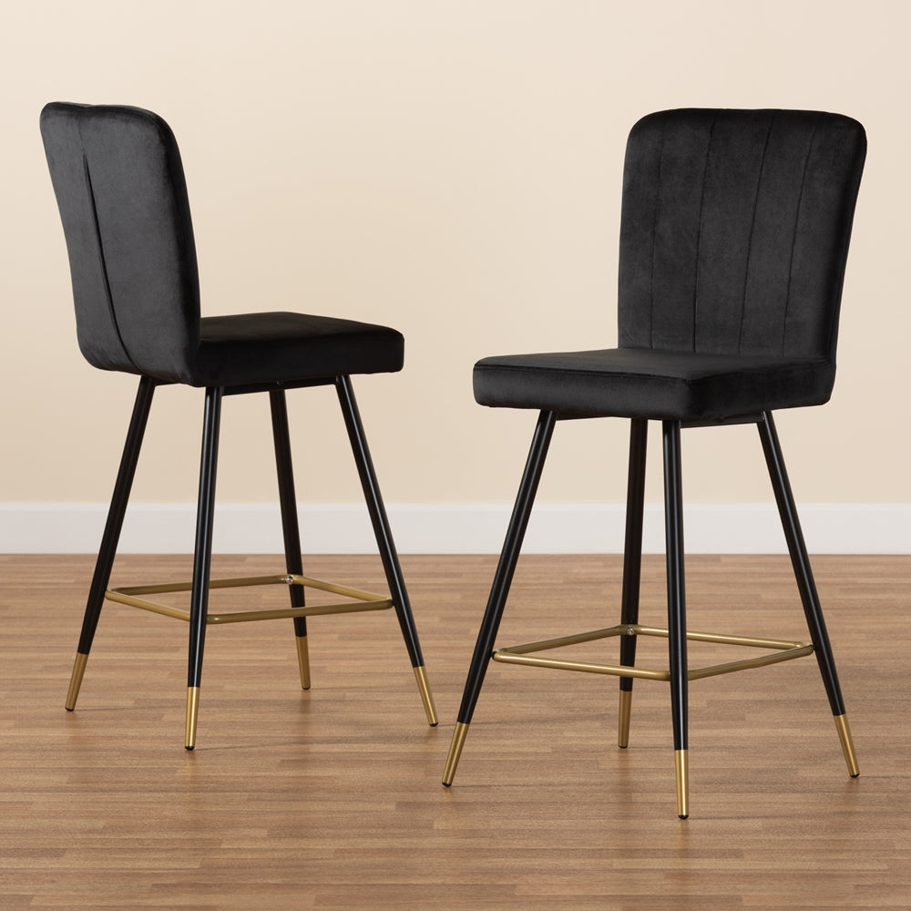 Baxton Studio Preston Modern Luxe And Glam Black Velvet Fabric Upholstered And Two-Tone Black And Gold Finished Metal 2-Piece Bar Stool Set