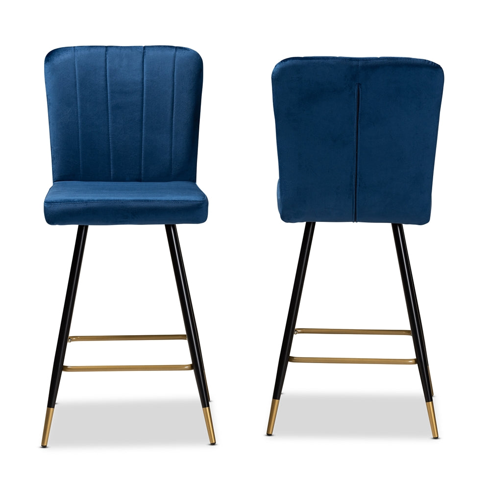 Baxton Studio Preston Modern Luxe And Glam Navy Blue Velvet Fabric Upholstered And Two-Tone Black And Gold Finished Metal 2-Piece Bar Stool Set