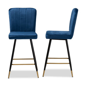 Baxton Studio Preston Modern Luxe And Glam Navy Blue Velvet Fabric Upholstered And Two-Tone Black And Gold Finished Metal 2-Piece Bar Stool Set