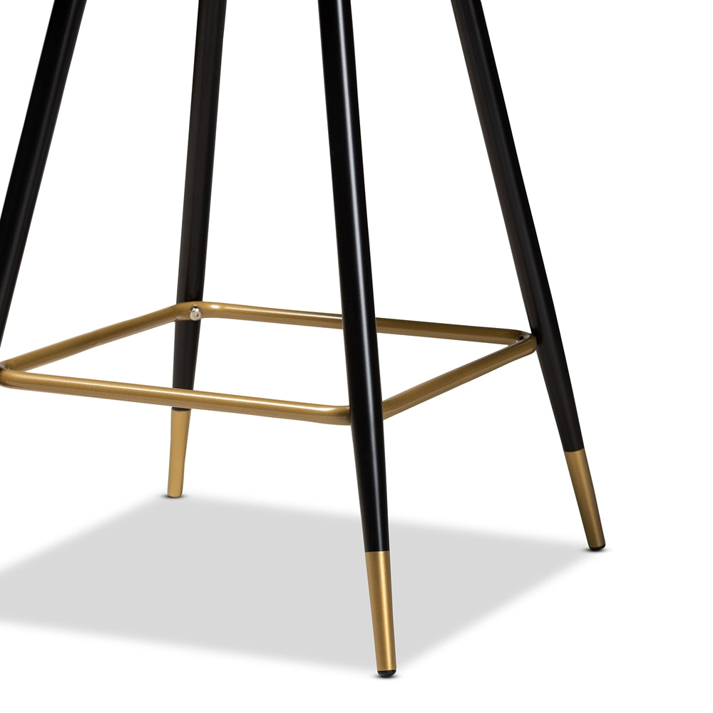 BAXTON STUDIO PRESTON MODERN LUXE AND GLAM NAVY BLUE VELVET FABRIC UPHOLSTERED AND TWO-TONE BLACK AND GOLD FINISHED METAL 2-PIECE BAR STOOL SET