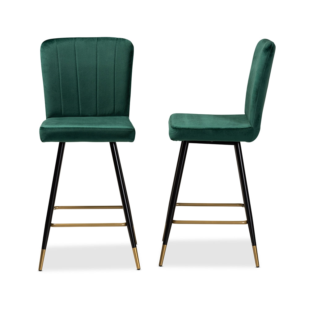 Baxton Studio Preston Modern Luxe And Glam Green Velvet Fabric Upholstered And Two-Tone Black And Gold Finished Metal 2-Piece Bar Stool Set