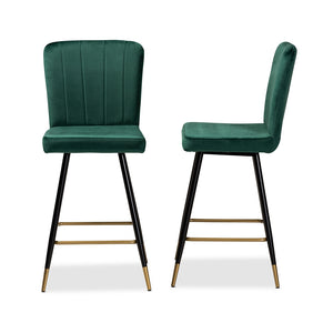 Baxton Studio Preston Modern Luxe And Glam Green Velvet Fabric Upholstered And Two-Tone Black And Gold Finished Metal 2-Piece Bar Stool Set