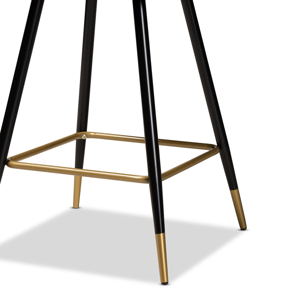 BAXTON STUDIO PRESTON MODERN LUXE AND GLAM GREEN VELVET FABRIC UPHOLSTERED AND TWO-TONE BLACK AND GOLD FINISHED METAL 2-PIECE BAR STOOL SET