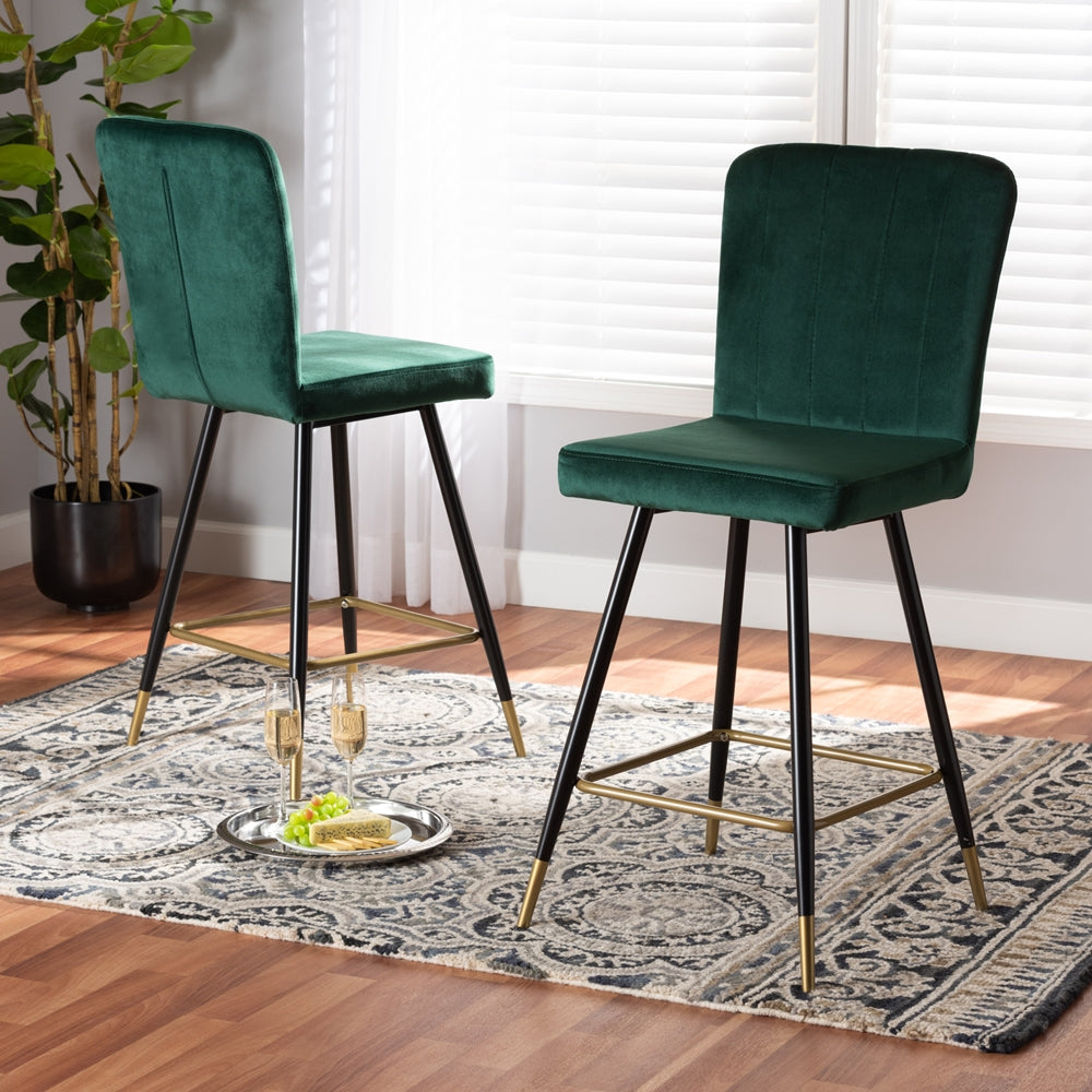 Baxton Studio Preston Modern Luxe And Glam Green Velvet Fabric Upholstered And Two-Tone Black And Gold Finished Metal 2-Piece Bar Stool Set