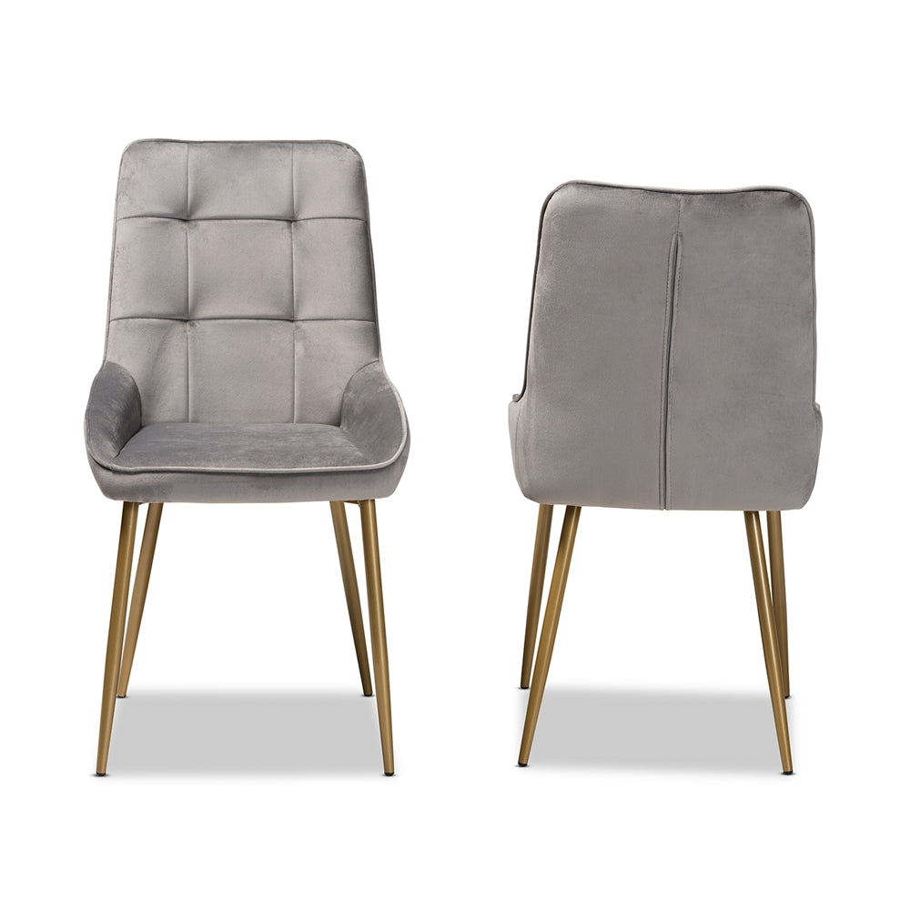 Baxton Studio Gavino Modern Luxe And Glam Grey Velvet Fabric Upholstered And Gold Finished Metal 2-Piece Dining Chair Set