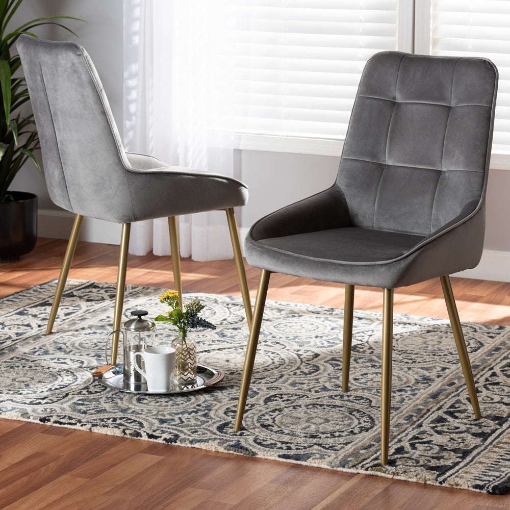 Baxton Studio Gavino Modern Luxe And Glam Grey Velvet Fabric Upholstered And Gold Finished Metal 2-Piece Dining Chair Set