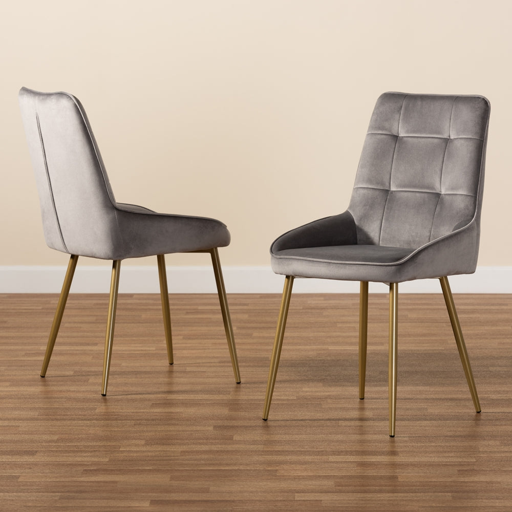 Baxton Studio Gavino Modern Luxe And Glam Grey Velvet Fabric Upholstered And Gold Finished Metal 2-Piece Dining Chair Set