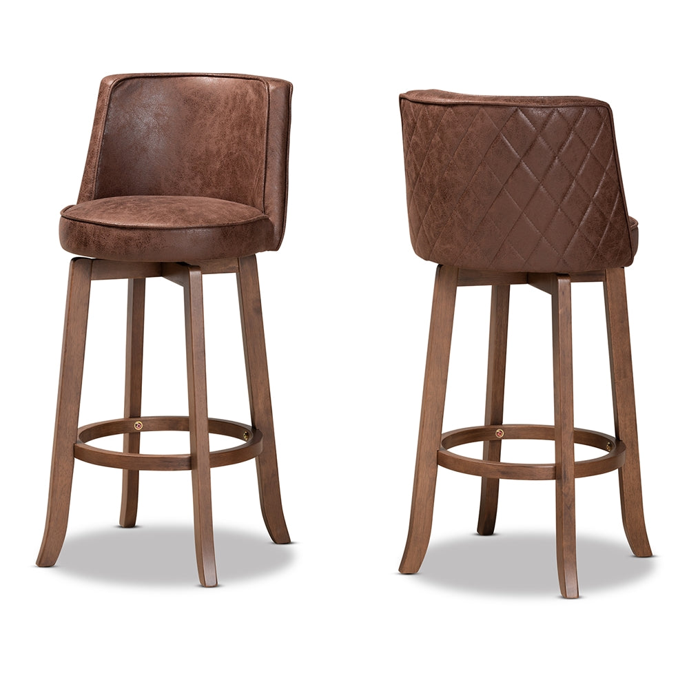 Baxton Studio Adams Modern Transitional Distressed Brown Fabric Upholstered And Walnut Brown Finished Wood 2-Piece Bar Stool Set