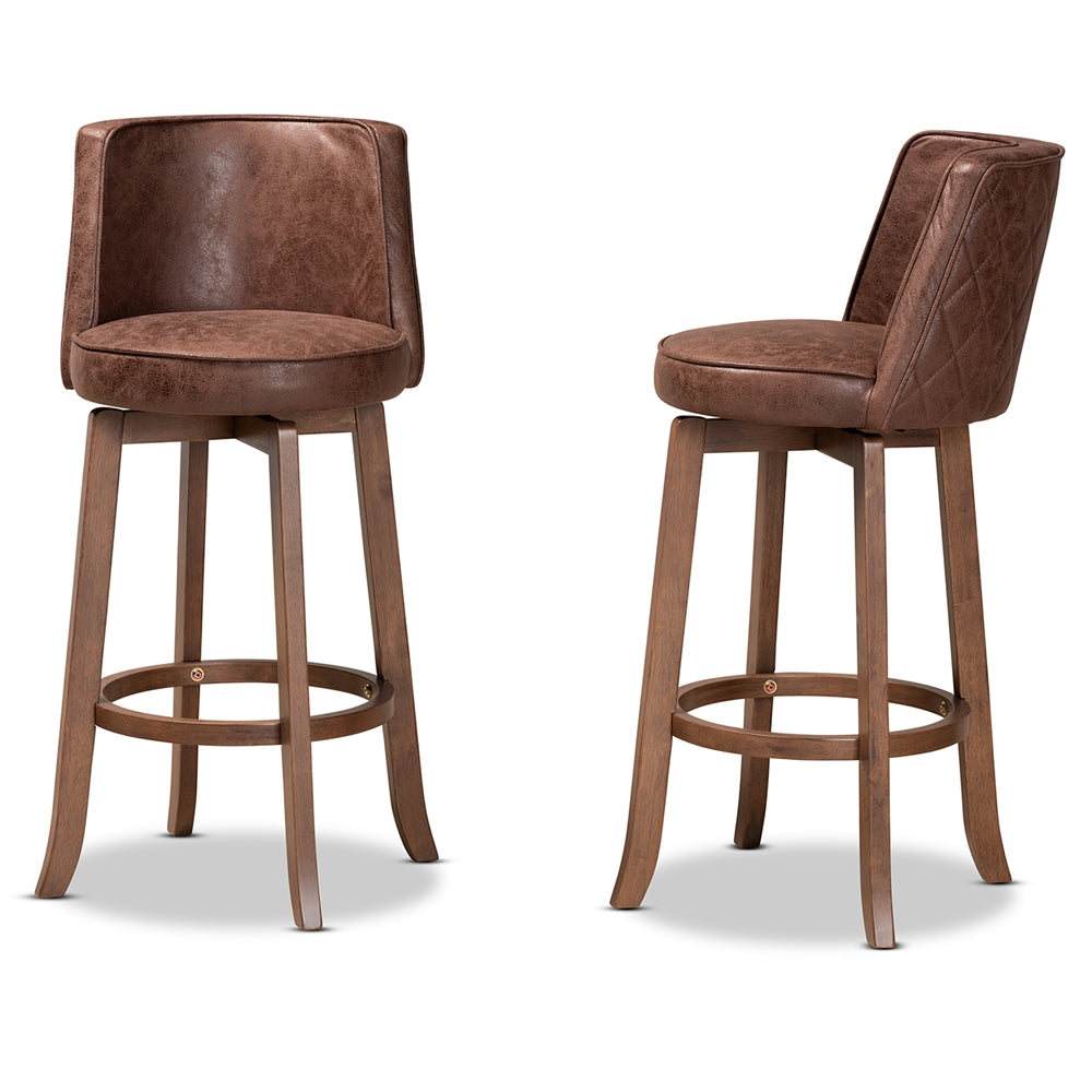 Baxton Studio Adams Modern Transitional Distressed Brown Fabric Upholstered And Walnut Brown Finished Wood 2-Piece Bar Stool Set