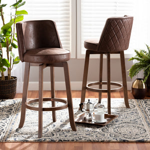 Baxton Studio Adams Modern Transitional Distressed Brown Fabric Upholstered And Walnut Brown Finished Wood 2-Piece Bar Stool Set