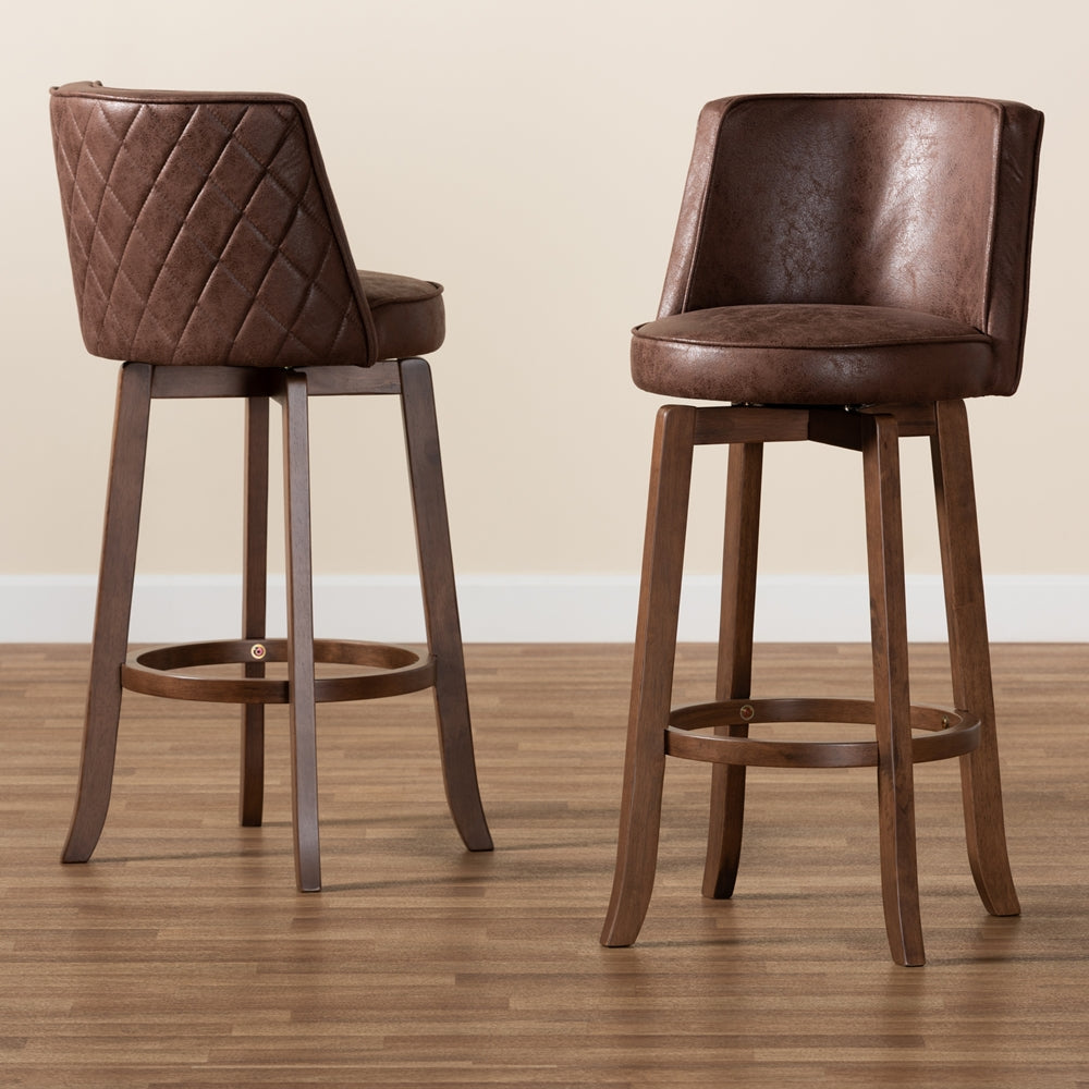 Baxton Studio Adams Modern Transitional Distressed Brown Fabric Upholstered And Walnut Brown Finished Wood 2-Piece Bar Stool Set