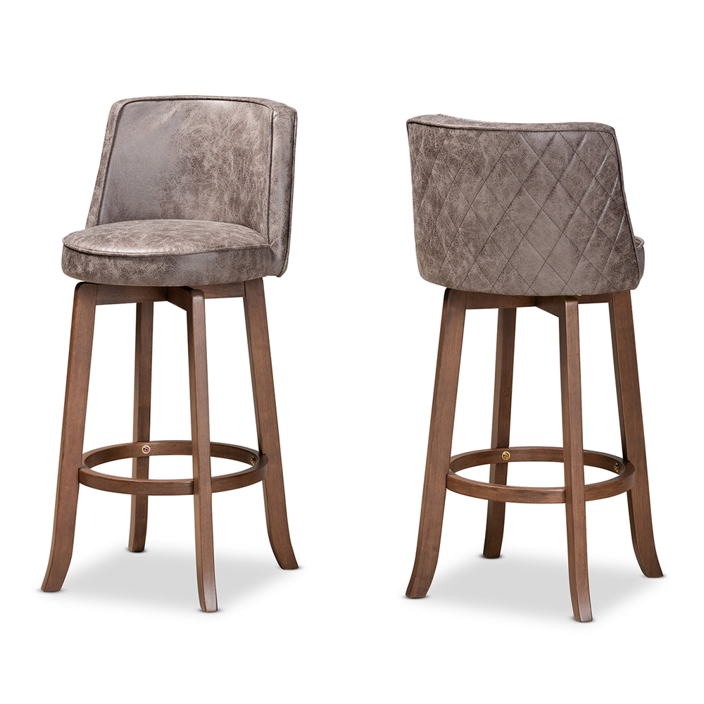 Baxton Studio Adams Modern Transitional Distressed Grey Fabric Upholstered And Walnut Brown Finished Wood 2-Piece Bar Stool Set