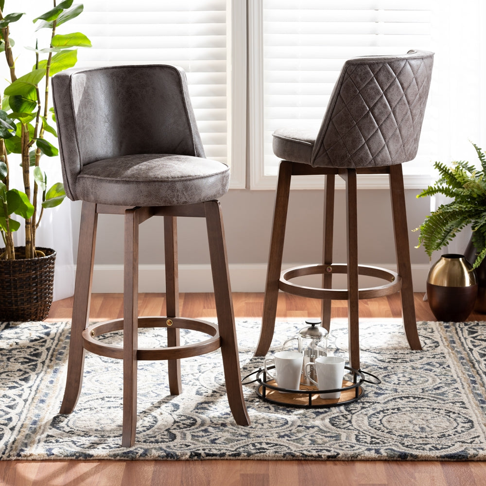 Baxton Studio Adams Modern Transitional Distressed Grey Fabric Upholstered And Walnut Brown Finished Wood 2-Piece Bar Stool Set