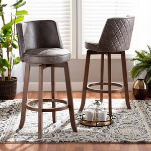 Baxton Studio Adams Modern Transitional Distressed Grey Fabric Upholstered And Walnut Brown Finished Wood 2-Piece Bar Stool Set