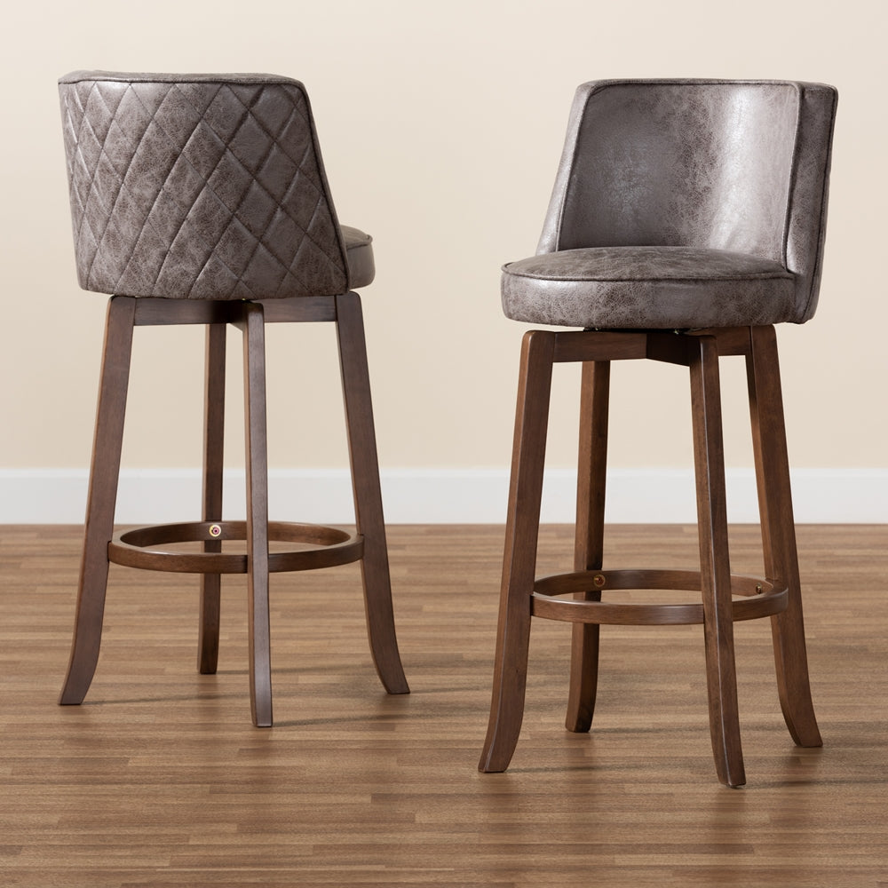 Baxton Studio Adams Modern Transitional Distressed Grey Fabric Upholstered And Walnut Brown Finished Wood 2-Piece Bar Stool Set