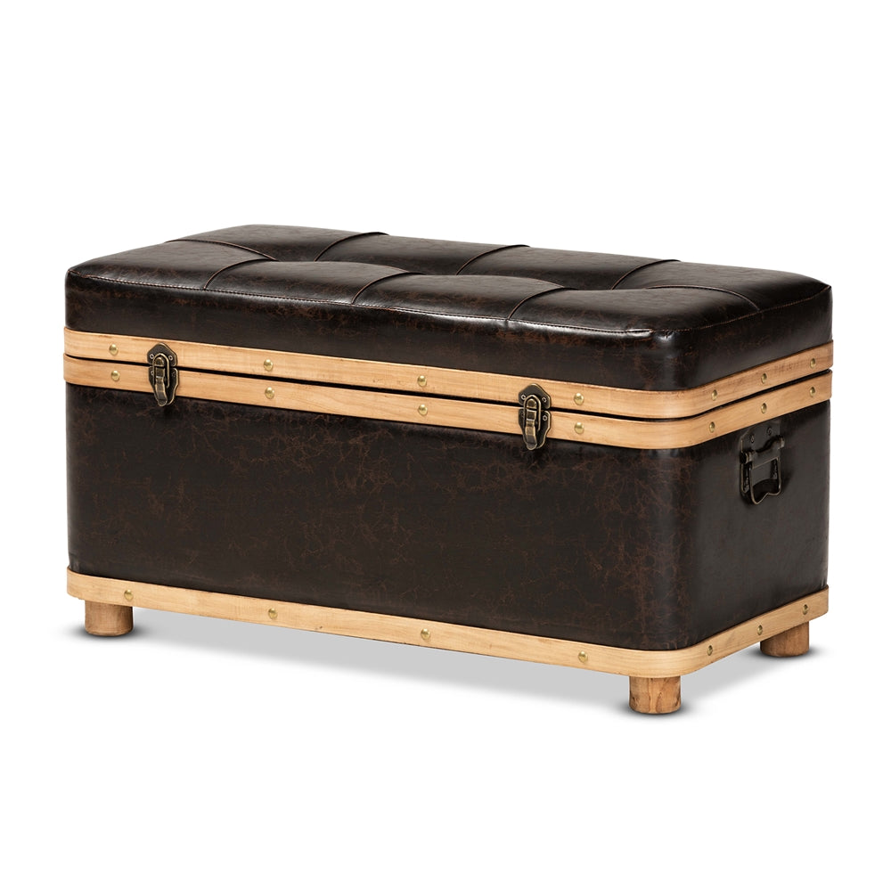 Baxton Studio Gendry Modern Rustic Transitional  Faux Leather Upholstered and Finished Wood Large Storage Ottoman